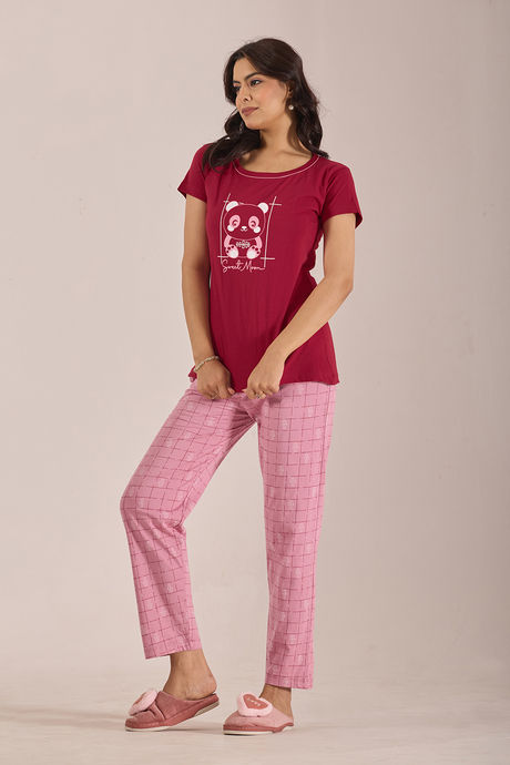 Sweet Moon Knit Cotton Pyjama Set - Darkpink Maroon — image 3